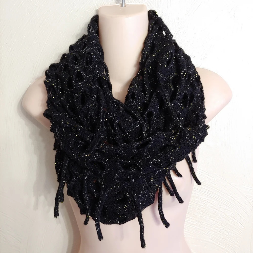 Black and Gold Knitted Metallic Infinity Scarf with Tasseled ends